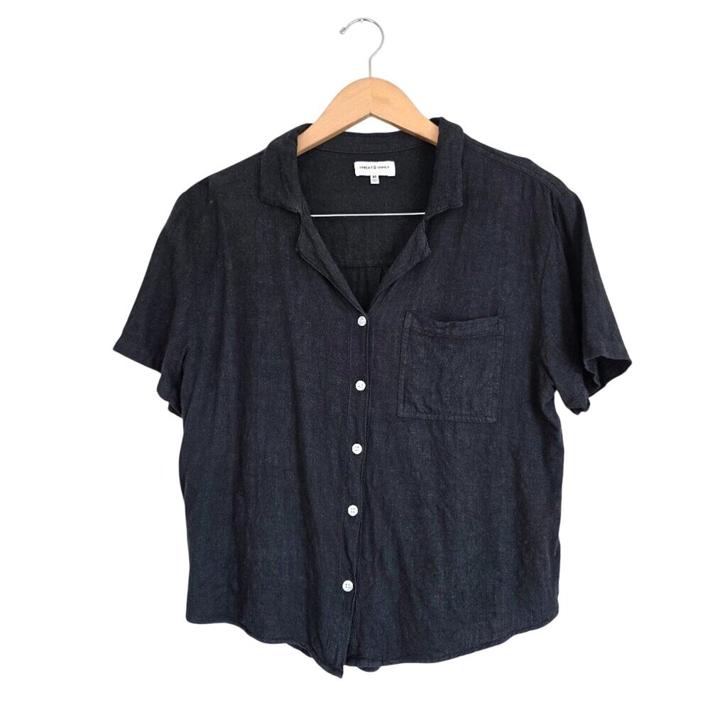 Thread & Supply Medium Black Linen Blend Short Sleeve Camp Coastal Shirt Blouse